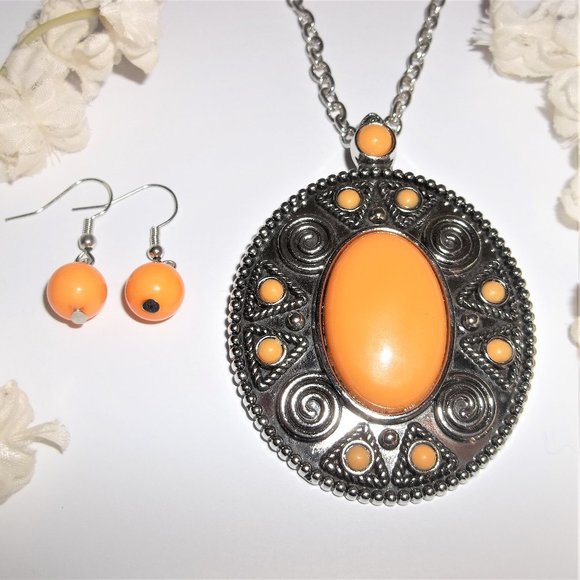 Jewelry Set Long Necklace & Earring Beaded Orange Silver Boho Style Woman A541 - Picture 1 of 6